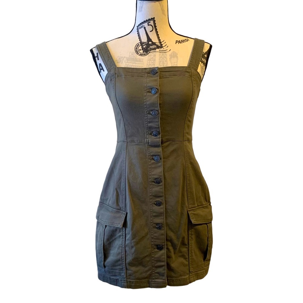 H&M Divided | Small | Women's Dark Khaki Green Denim Button Front Overall Dress
